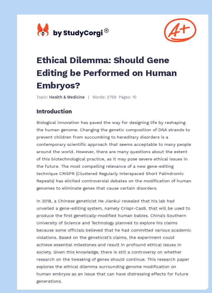 Ethical Dilemma: Should Gene Editing be Performed on Human Embryos?. Page 1