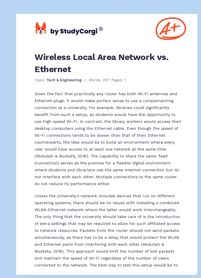 Wireless Local Area Network vs. Ethernet. Page 1