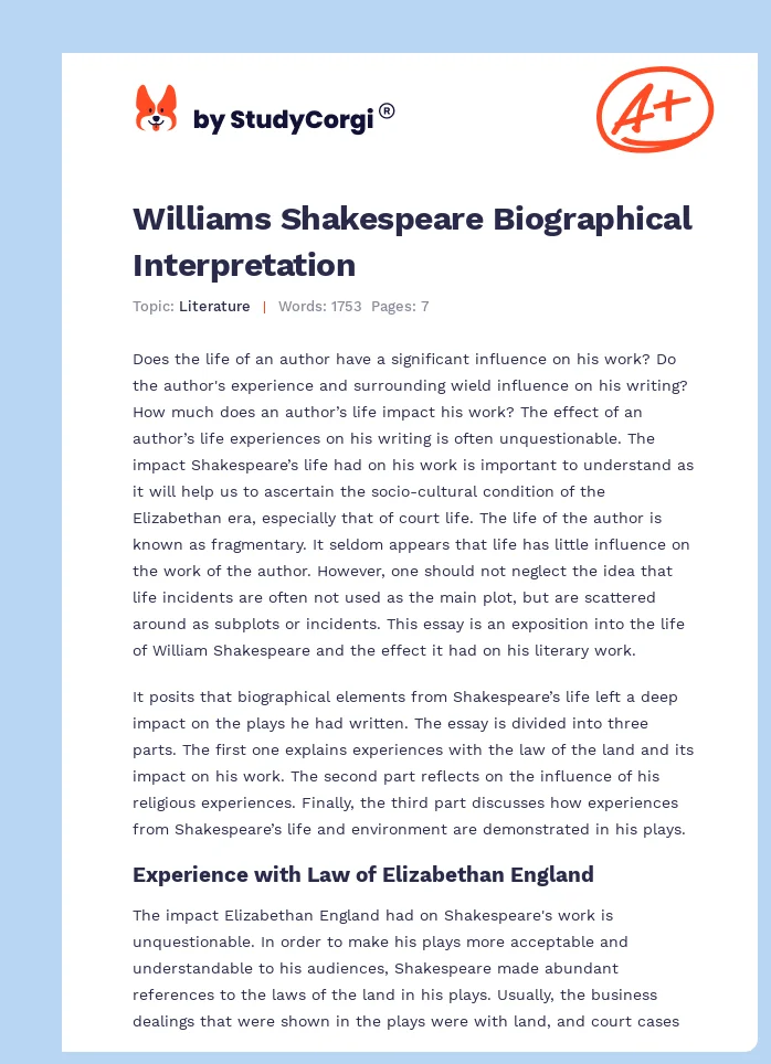 Williams Shakespeare Biographical Interpretation. Page 1