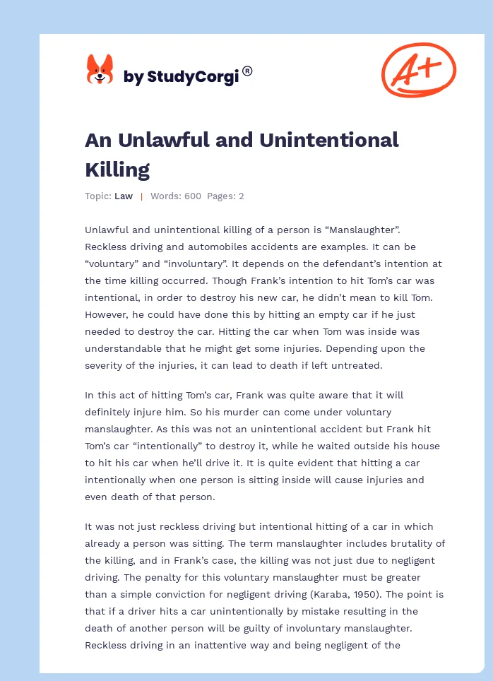 An Unlawful and Unintentional Killing. Page 1