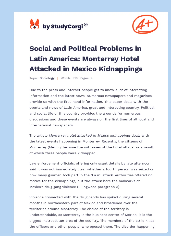 Social and Political Problems in Latin America: Monterrey Hotel Attacked in Mexico Kidnappings. Page 1