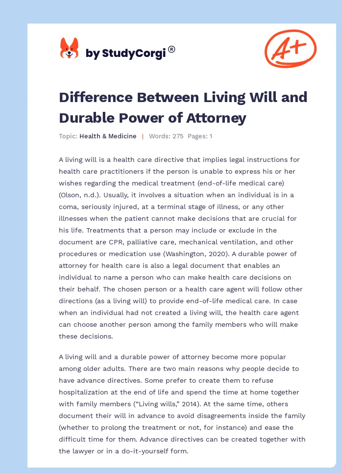 Difference Between Living Will and Durable Power of Attorney. Page 1
