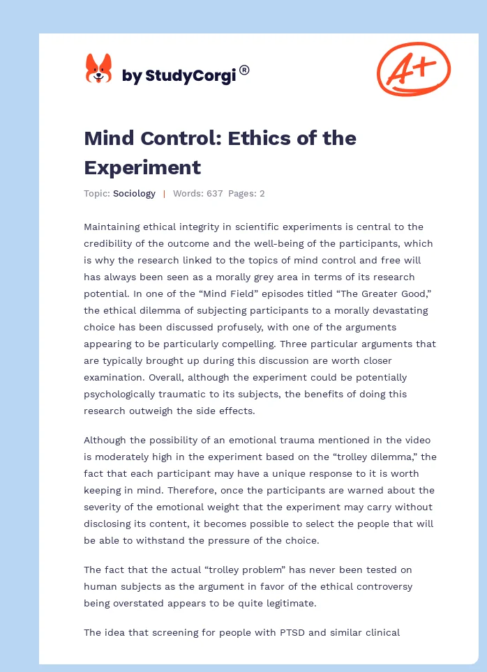 Mind Control: Ethics of the Experiment. Page 1