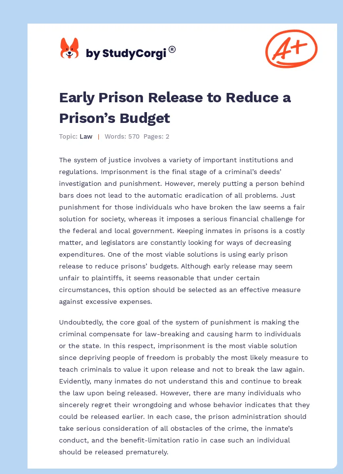 Early Prison Release to Reduce a Prison’s Budget. Page 1