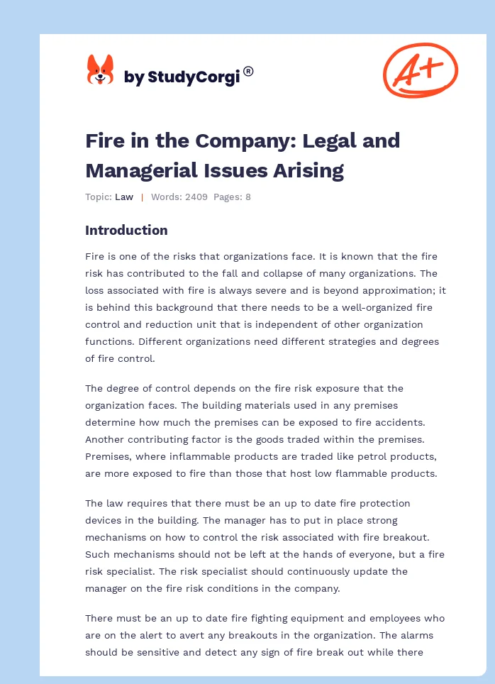 Fire in the Company: Legal and Managerial Issues Arising. Page 1