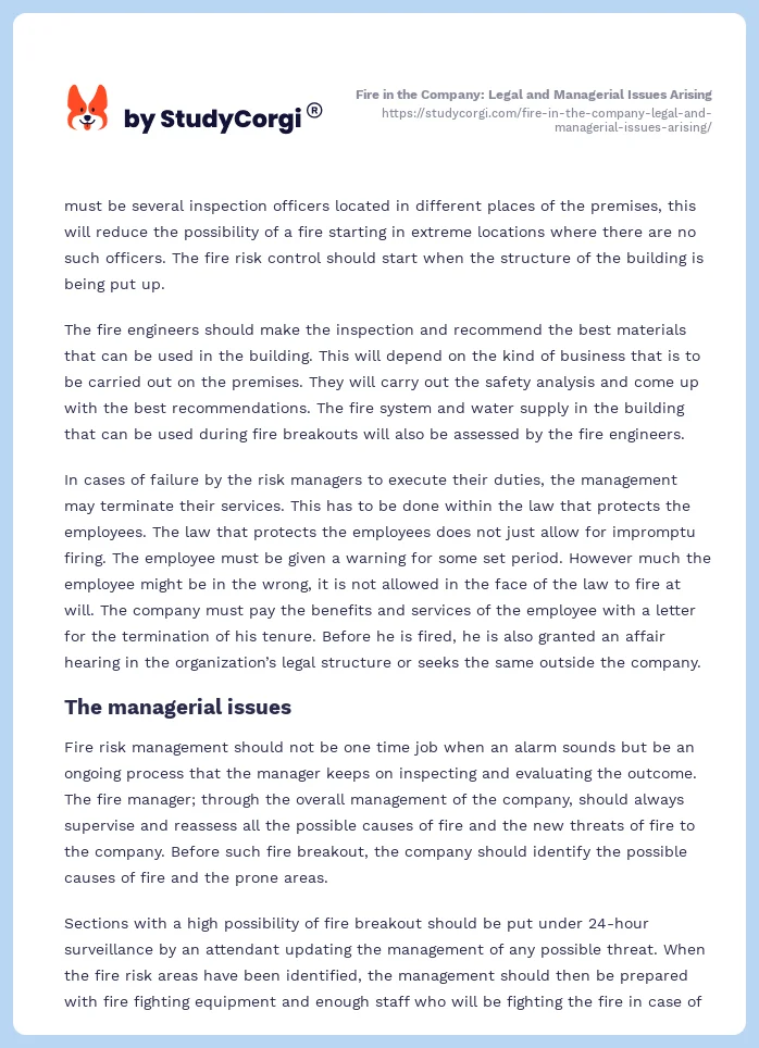 Fire in the Company: Legal and Managerial Issues Arising. Page 2