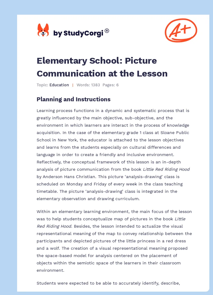 Elementary School: Picture Communication at the Lesson. Page 1