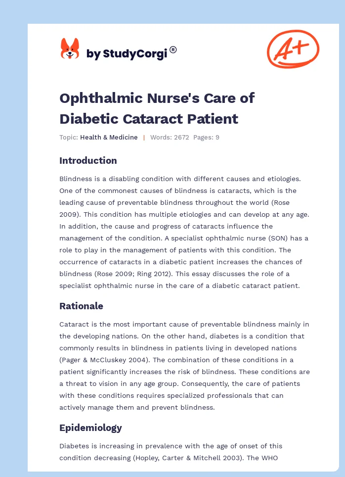 Ophthalmic Nurse's Care of Diabetic Cataract Patient. Page 1
