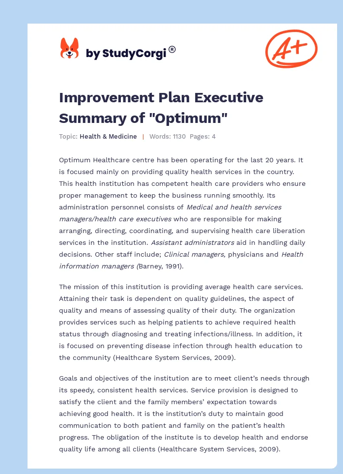 Improvement Plan Executive Summary of "Optimum". Page 1