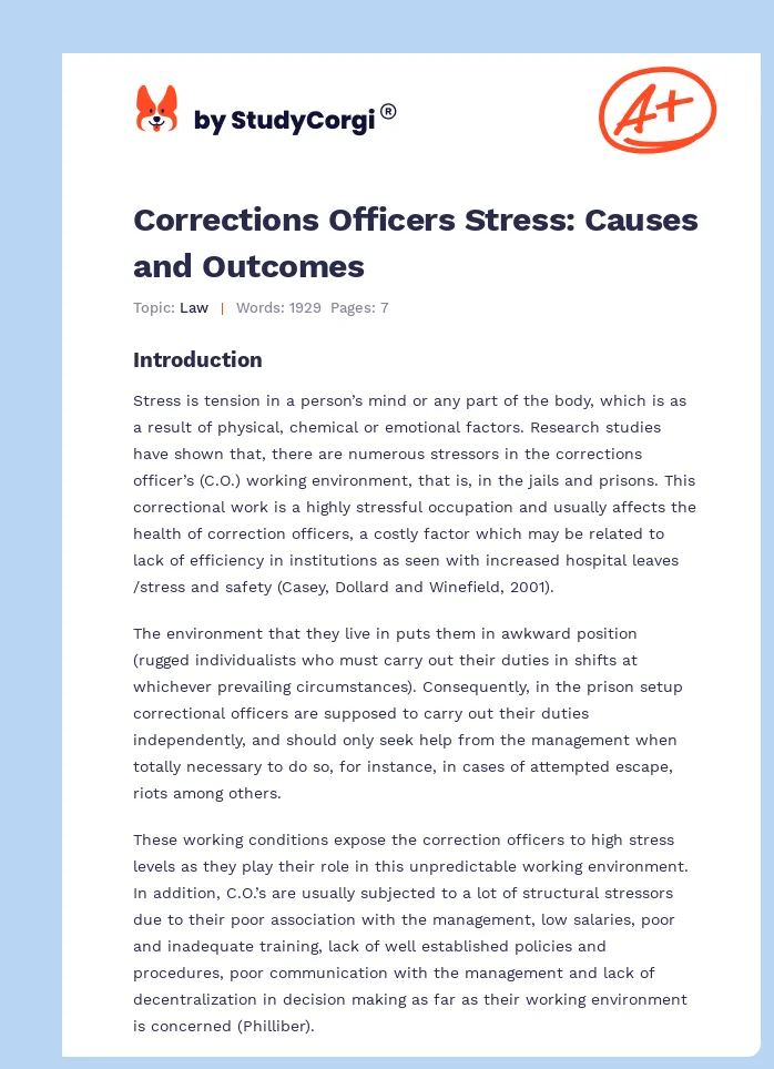 Corrections Officers Stress: Causes and Outcomes. Page 1
