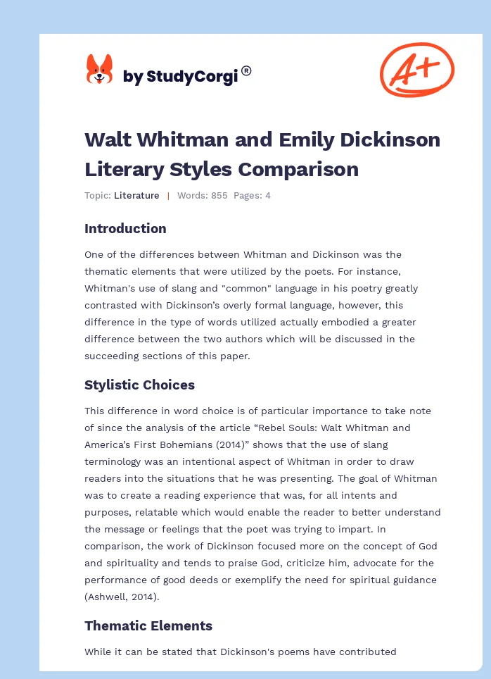 Walt Whitman and Emily Dickinson Literary Styles Comparison. Page 1