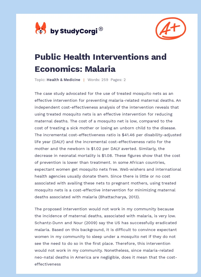 Public Health Interventions and Economics: Malaria. Page 1