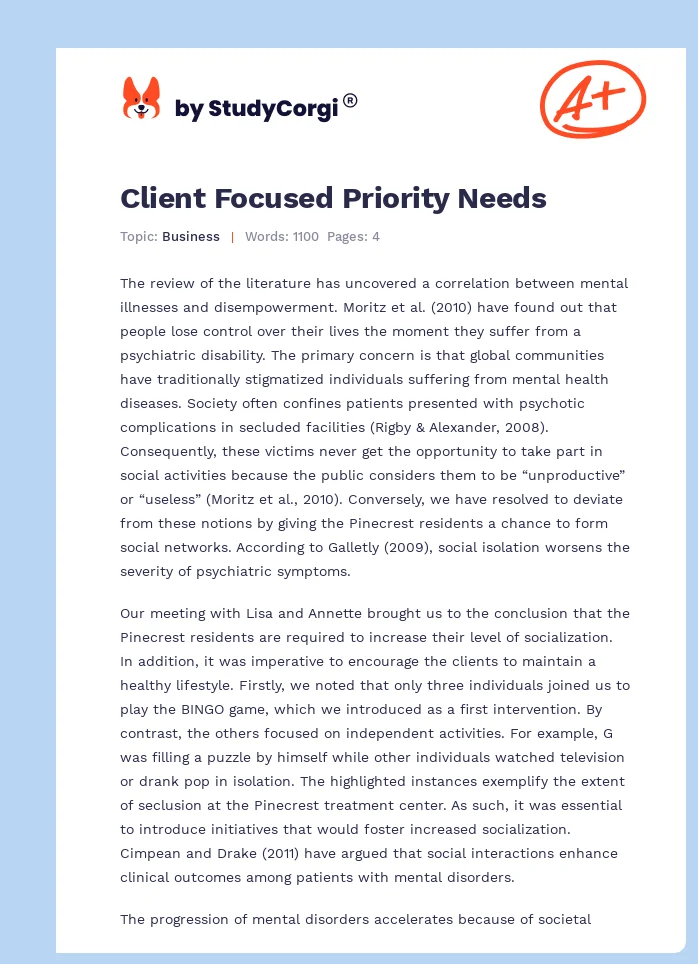 Client Focused Priority Needs. Page 1