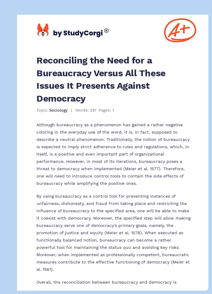 Reconciling the Need for a Bureaucracy Versus All These Issues It Presents Against Democracy. Page 1
