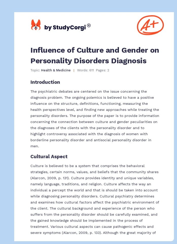 Influence of Culture and Gender on Personality Disorders Diagnosis. Page 1