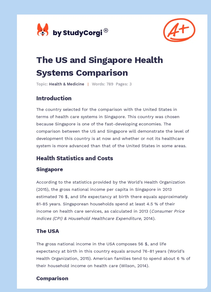 The US and Singapore Health Systems Comparison. Page 1
