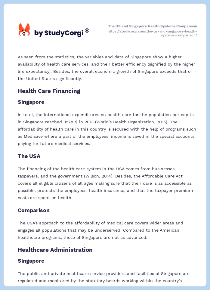 The US and Singapore Health Systems Comparison. Page 2