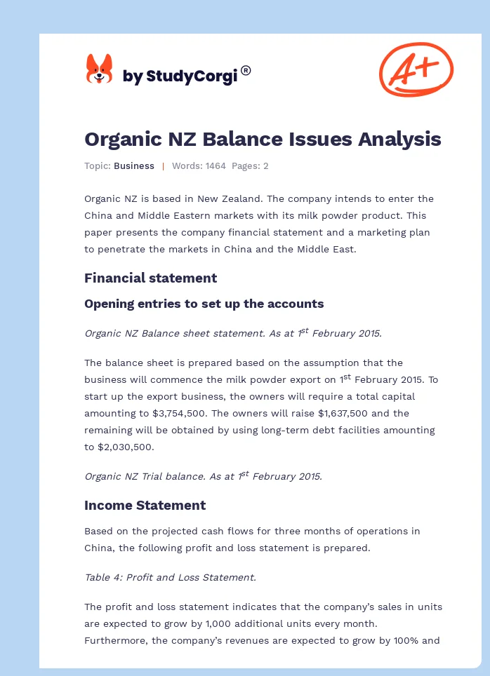 Organic NZ Balance Issues Analysis. Page 1