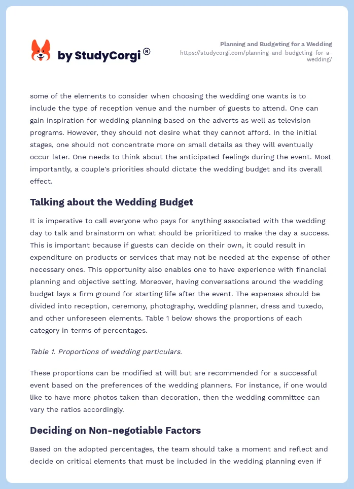 Planning and Budgeting for a Wedding. Page 2