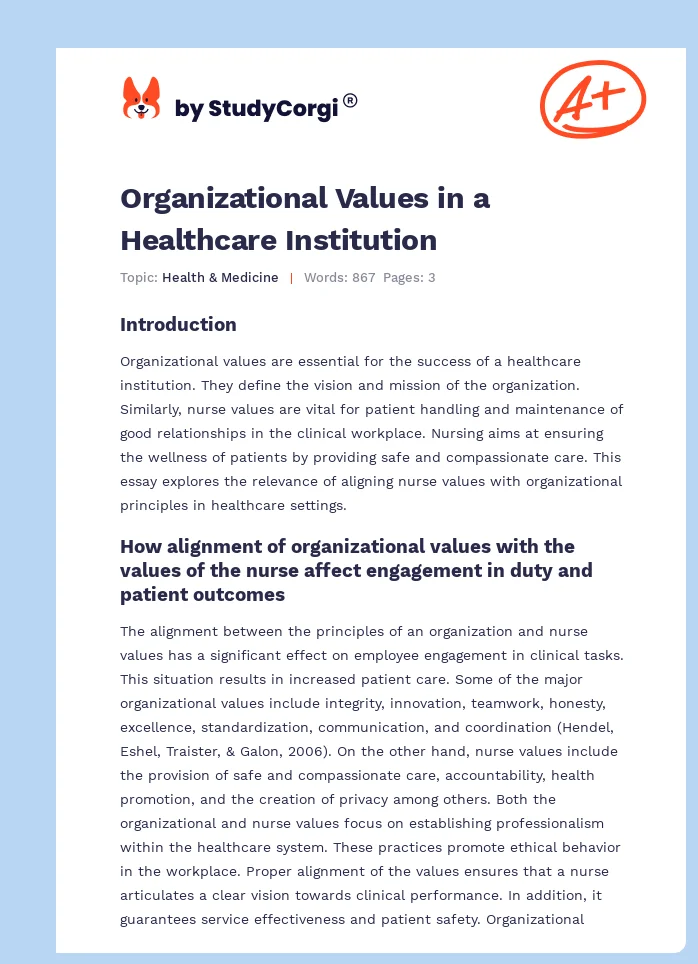Organizational Values in a Healthcare Institution. Page 1