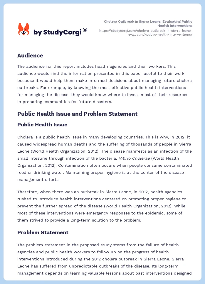 Cholera Outbreak in Sierra Leone: Evaluating Public Health Interventions. Page 2