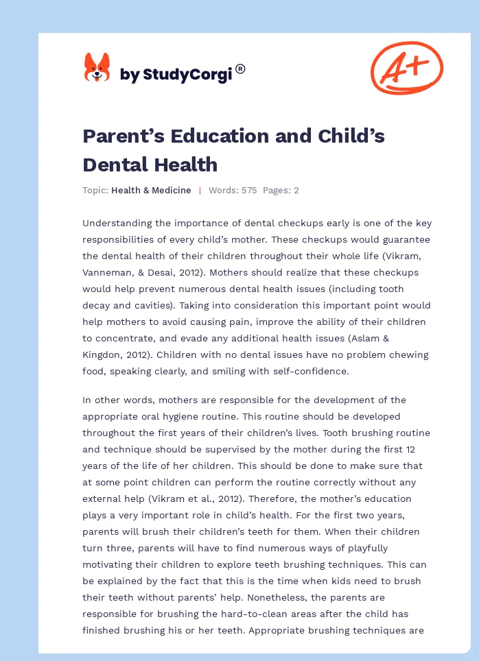 Parent’s Education and Child’s Dental Health. Page 1