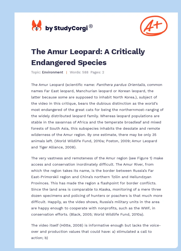 The Amur Leopard: A Critically Endangered Species. Page 1