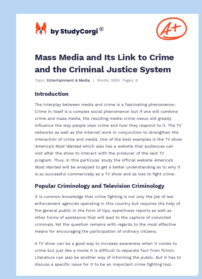 Mass Media and Its Link to Crime and the Criminal Justice System. Page 1