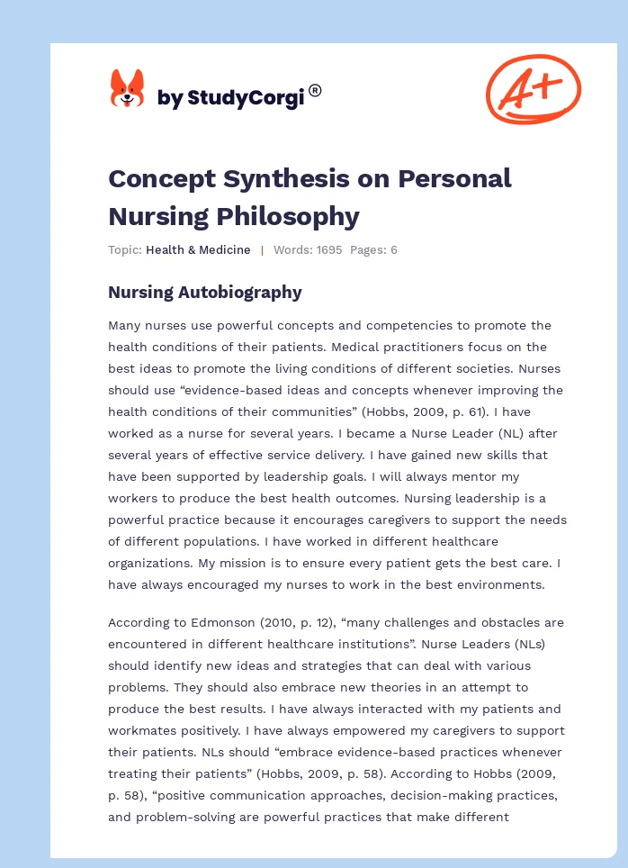 Concept Synthesis on Personal Nursing Philosophy. Page 1