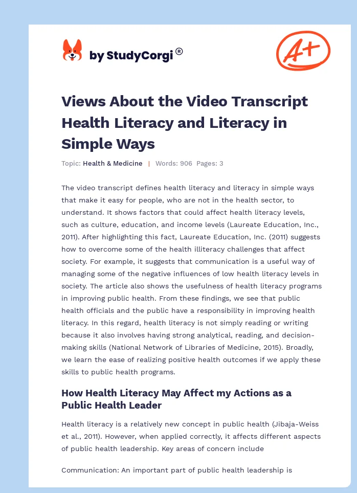 Views About the Video Transcript Health Literacy and Literacy in Simple Ways. Page 1