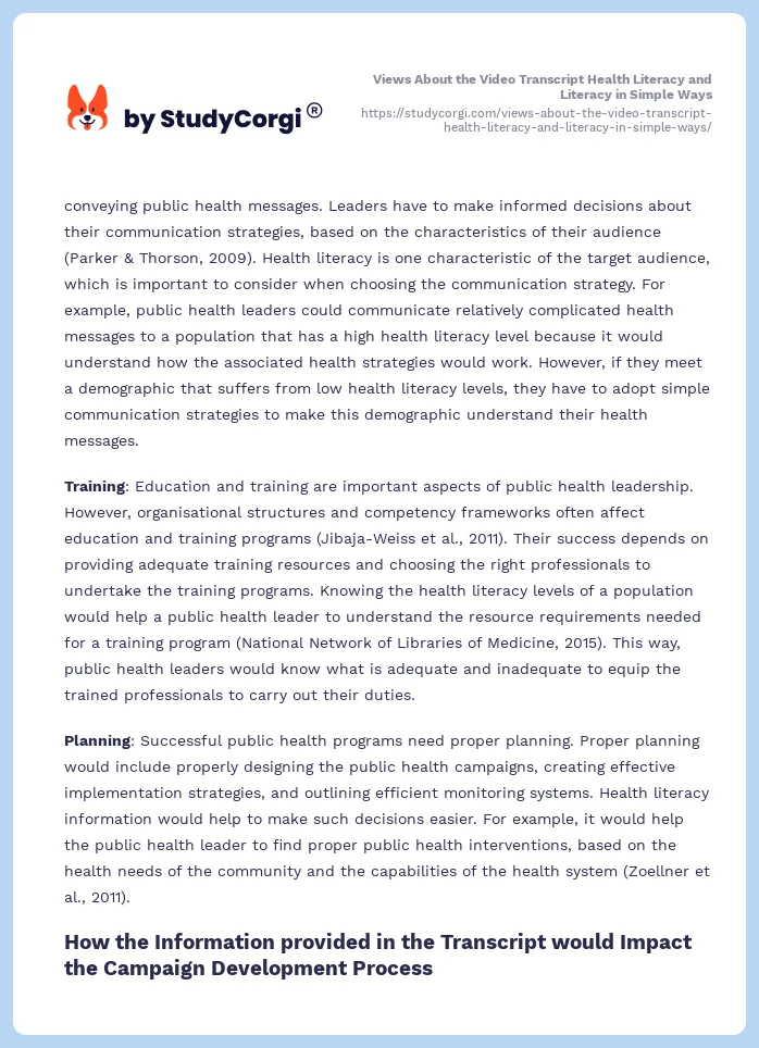 Views About the Video Transcript Health Literacy and Literacy in Simple Ways. Page 2