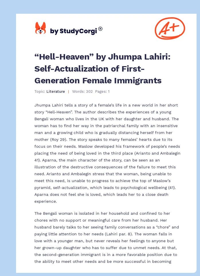 “Hell-Heaven” by Jhumpa Lahiri: Self-Actualization of First-Generation Female Immigrants. Page 1