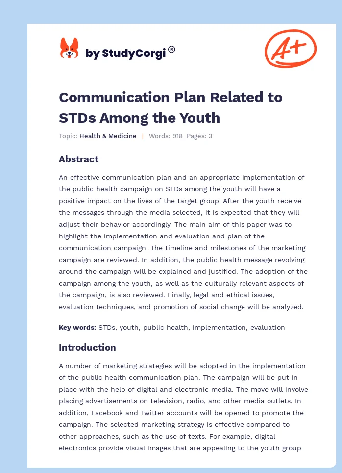 Communication Plan Related to STDs Among the Youth. Page 1