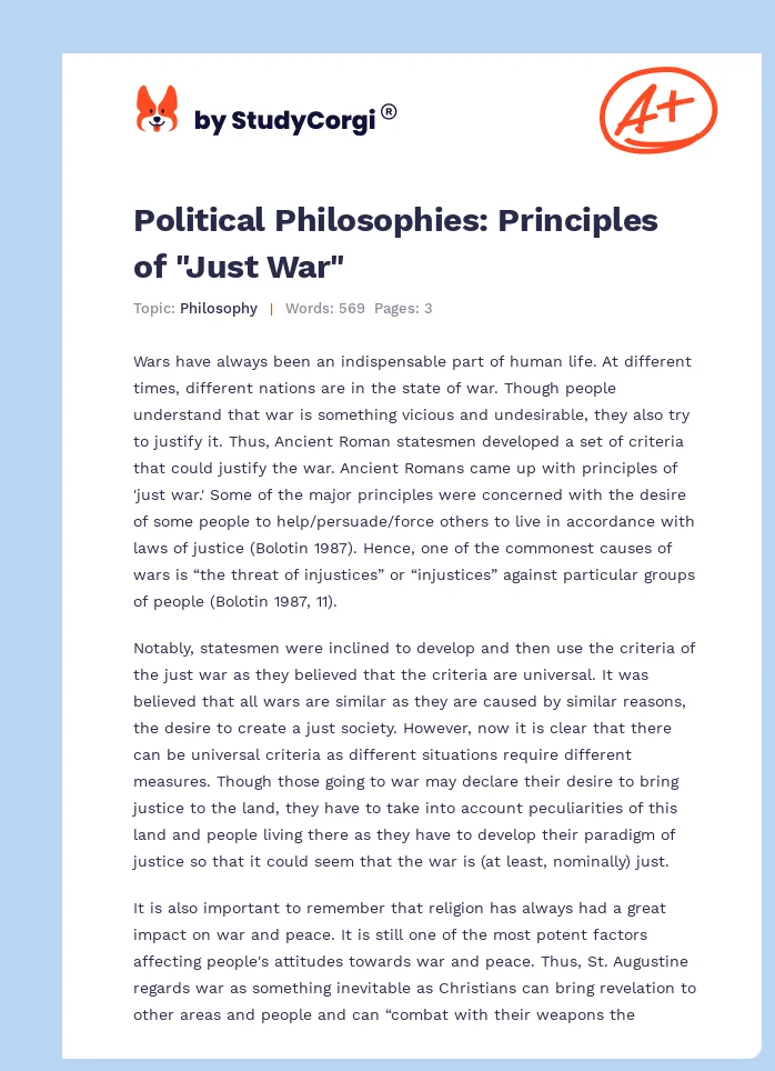 Political Philosophies: Principles of "Just War". Page 1