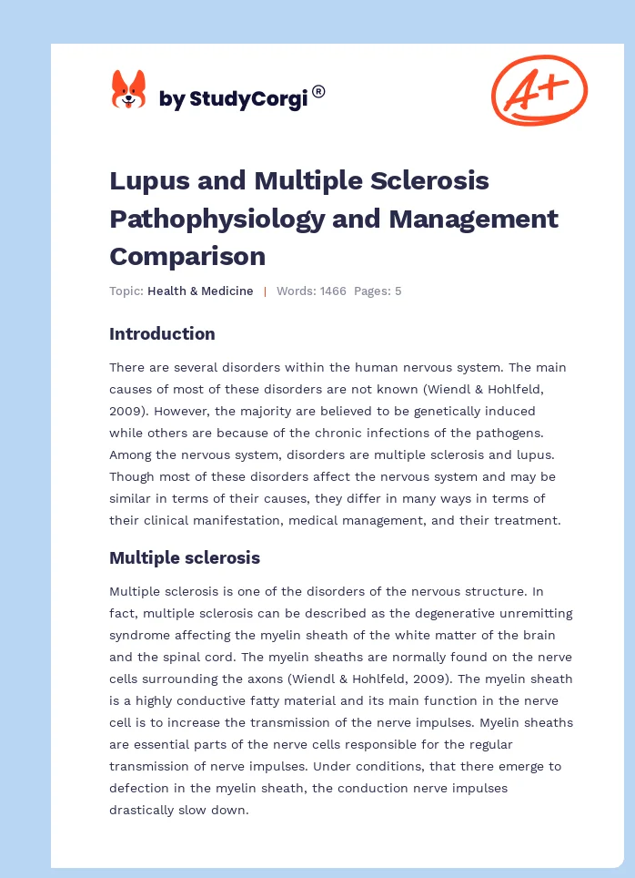 Lupus and Multiple Sclerosis Pathophysiology and Management Comparison. Page 1