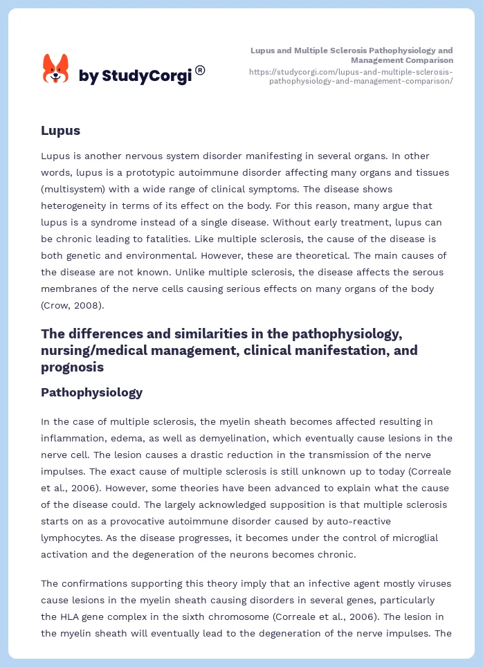 Lupus and Multiple Sclerosis Pathophysiology and Management Comparison. Page 2