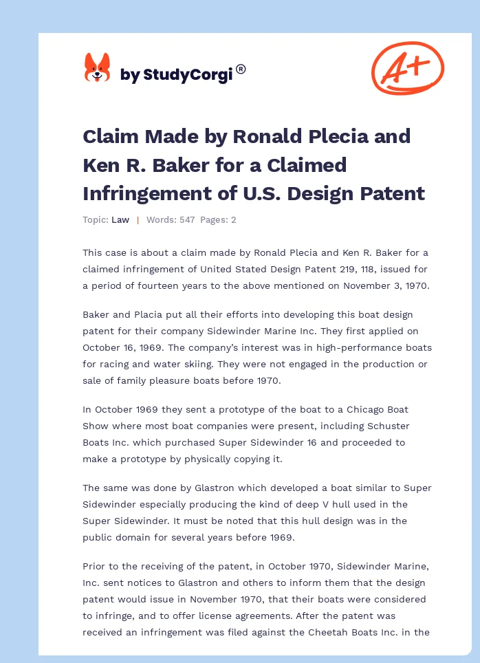 Claim Made by Ronald Plecia and Ken R. Baker for a Claimed Infringement of U.S. Design Patent. Page 1