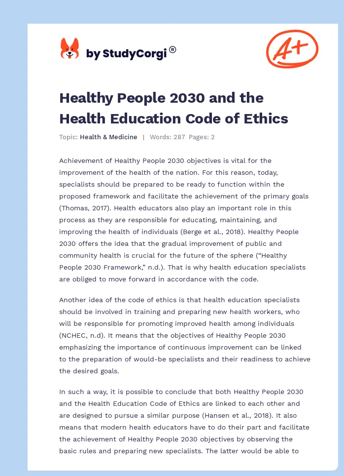 Healthy People 2030 and the Health Education Code of Ethics. Page 1