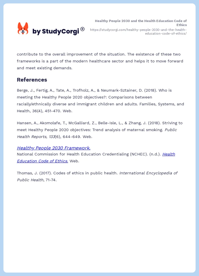 Healthy People 2030 and the Health Education Code of Ethics. Page 2