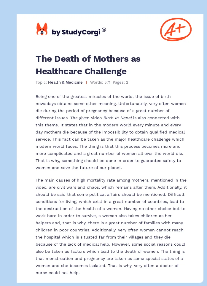 The Death of Mothers as Healthcare Challenge. Page 1