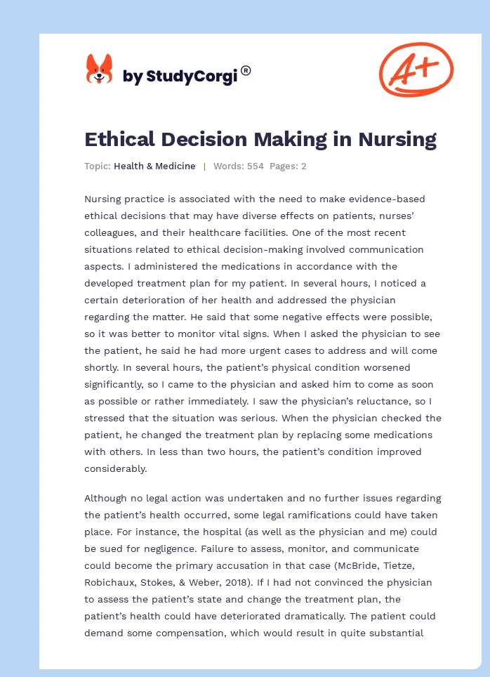 ethical decision making in nursing essay