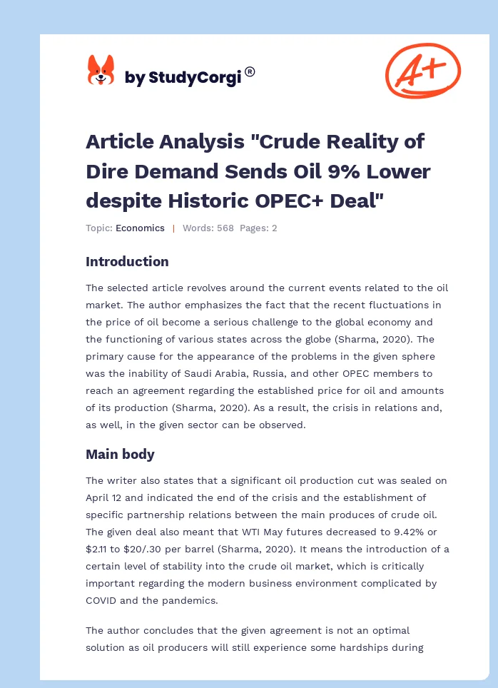 Article Analysis "Crude Reality of Dire Demand Sends Oil 9% Lower despite Historic OPEC+ Deal". Page 1