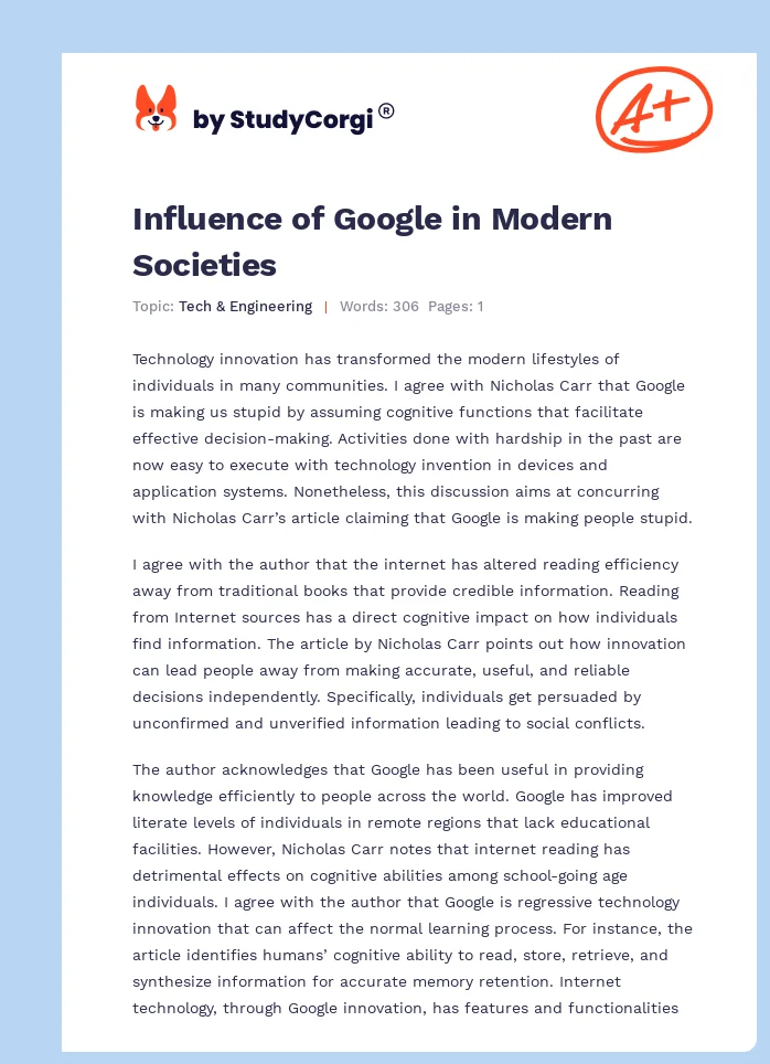Influence of Google in Modern Societies. Page 1