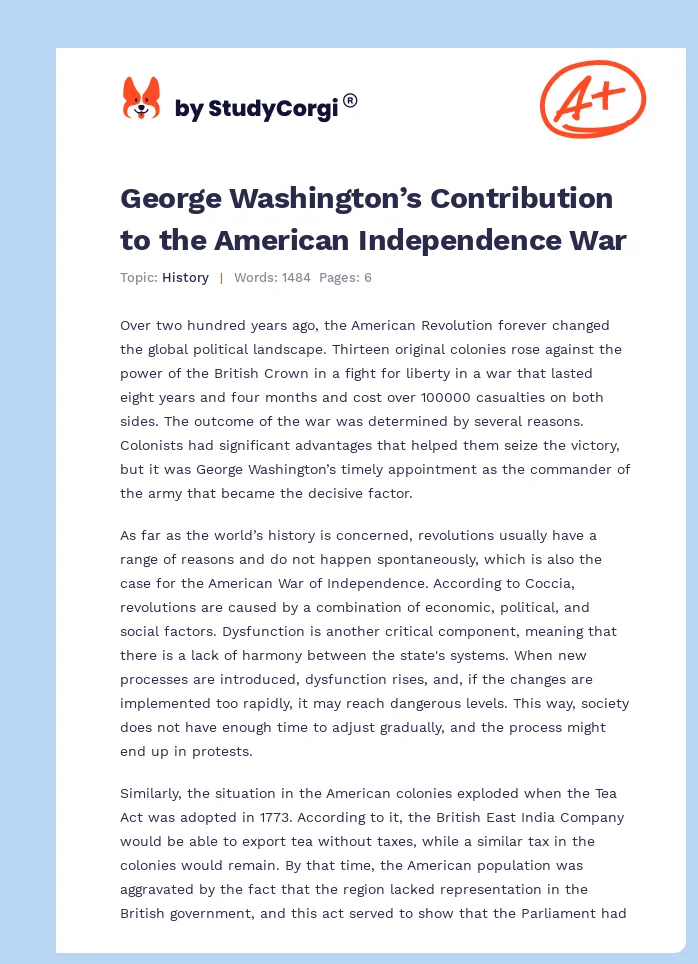 George Washington’s Contribution to the American Independence War. Page 1
