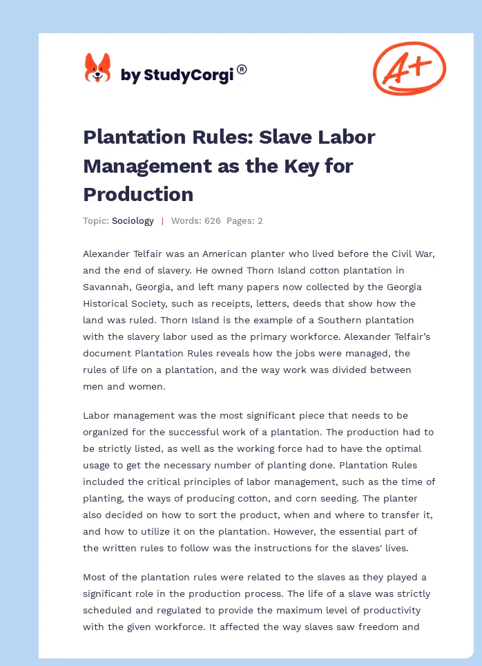 Plantation Rules: Slave Labor Management as the Key for Production. Page 1