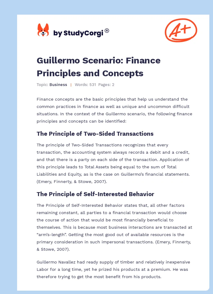 Guillermo Scenario: Finance Principles and Concepts. Page 1