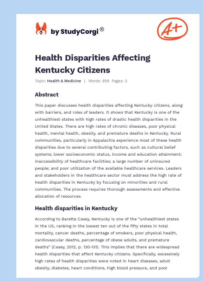 Health Disparities Affecting Kentucky Citizens. Page 1