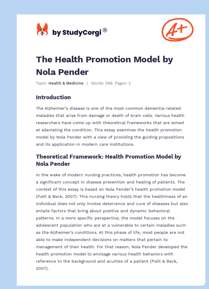 The Health Promotion Model by Nola Pender. Page 1