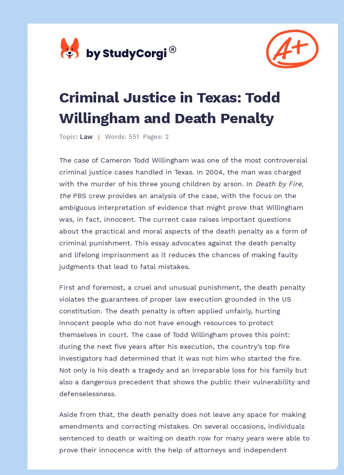 Criminal Justice in Texas: Todd Willingham and Death Penalty. Page 1