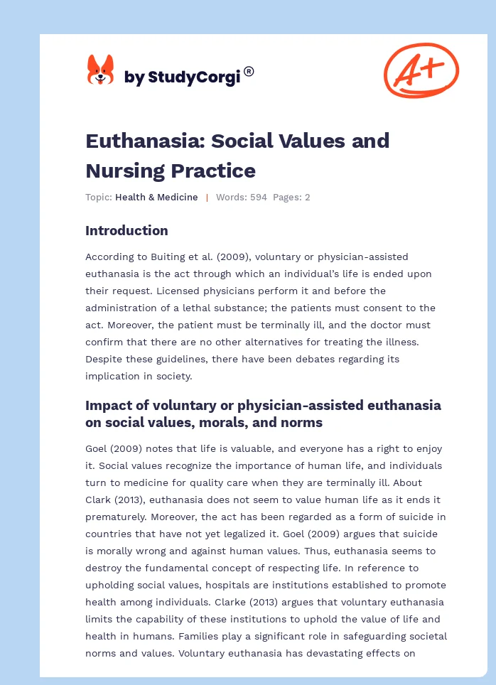 Euthanasia: Social Values and Nursing Practice. Page 1